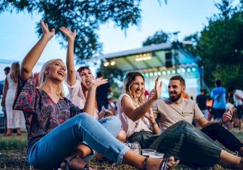 A group of friends relax on blankets at an outdoor music festival, cheering and smiling with drinks in hand.