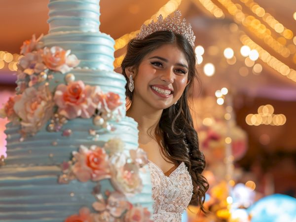 A smiling bride in a tiara beside a tall blue wedding cake with flowers and warm party lights.